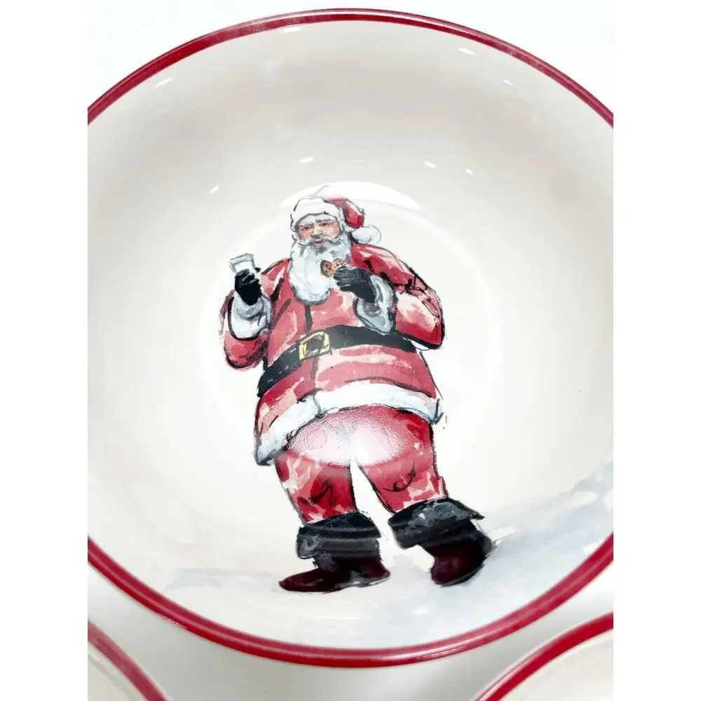 Pottery Barn Painted Santa Stoneware Bowls Christmas Set of 3